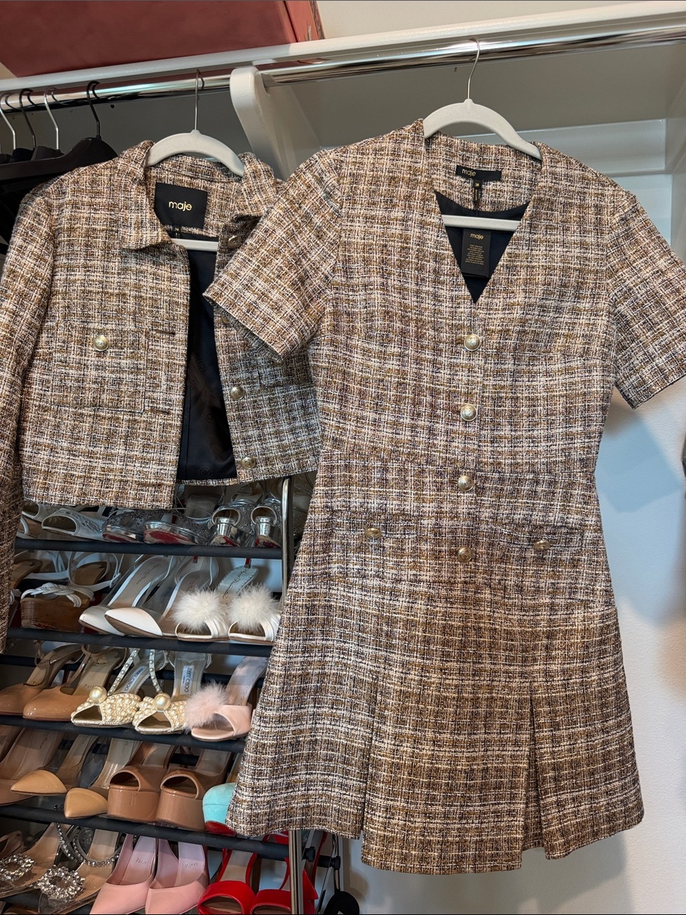 NWT Maje Brown Tweed Button Front Dress and Blazer Set